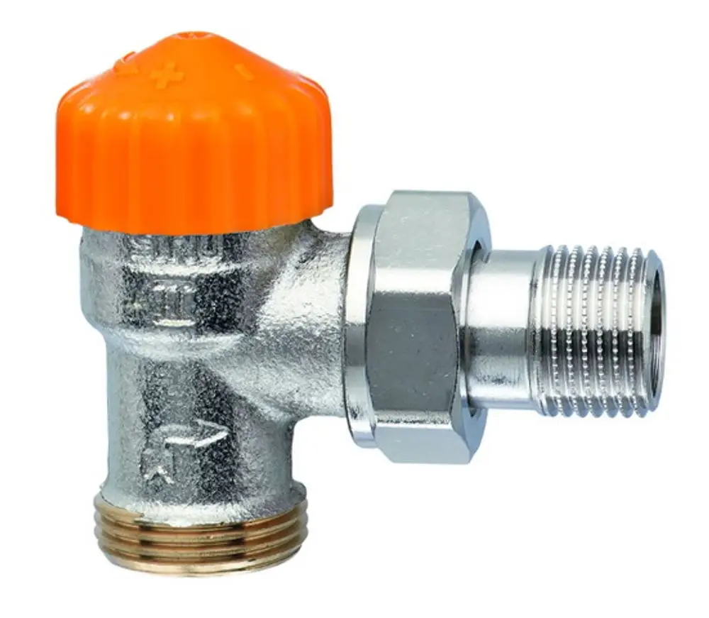 Thermostat-Ventilunterteil mit orangefarbener Kunststoffkappe, Eckform, mit Außengewinde, hergestellt von IMI Hydronic Engineering.